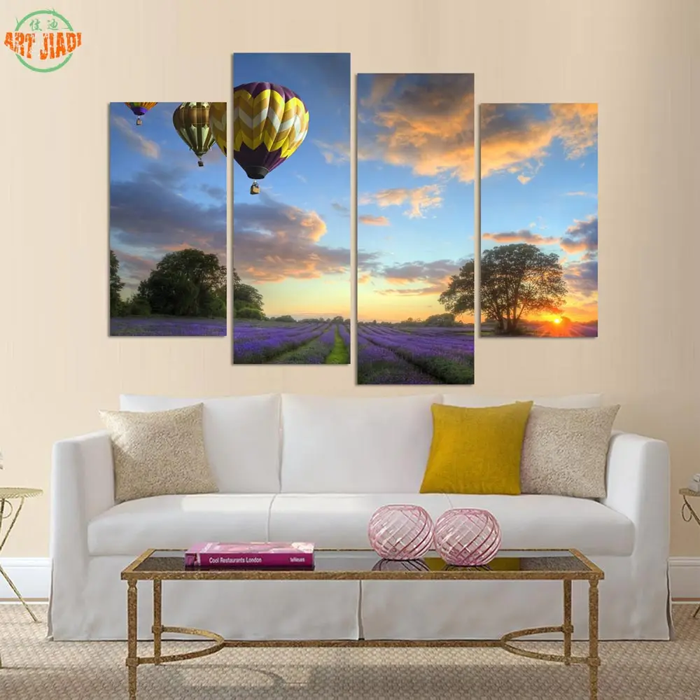 New 4 Piece Canvas Art Hot air balloon on Lavender HD canvas Painting Living Room Decorations For Home Prints B413 | Дом и сад