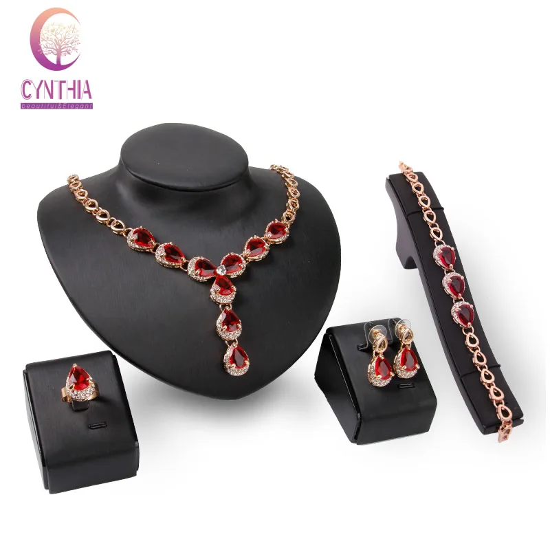 Fashion Jewelry Sets Red Zircon Crystal Pendant Necklace Bracelet Earrings Wedding Rings Gold color Wedding Accessories Set
Fashion Jewelry Sets Red Zircon Crystal Pendant Necklace Bracelet Earrings Wedding Rings Gold color Wedding Accessories Set