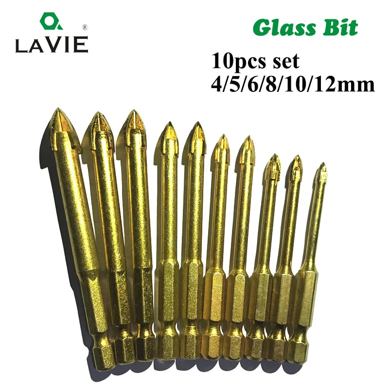 LA VIE 10pcs Glass Bits Titanium Coated 1/4" Hex Shank Glass Drill Bits Set 4 5 6 8 10 12mm Ceramic Marble Cross Tipped Hole 001
LA VIE 10pcs Glass Bits Titanium Coated 1/4" Hex Shank Glass Drill Bits Set 4 5 6 8 10 12mm Ceramic Marble Cross Tipped Hole 001