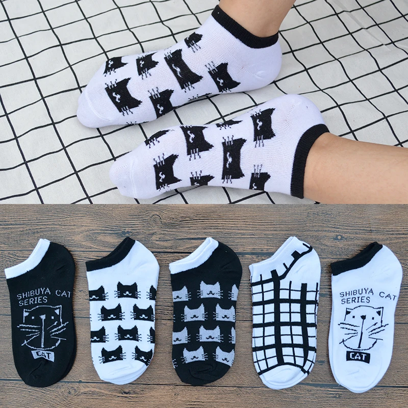 5 пар/уп. черные белые хлопковые Женские Короткие повседневные носки с кошкой