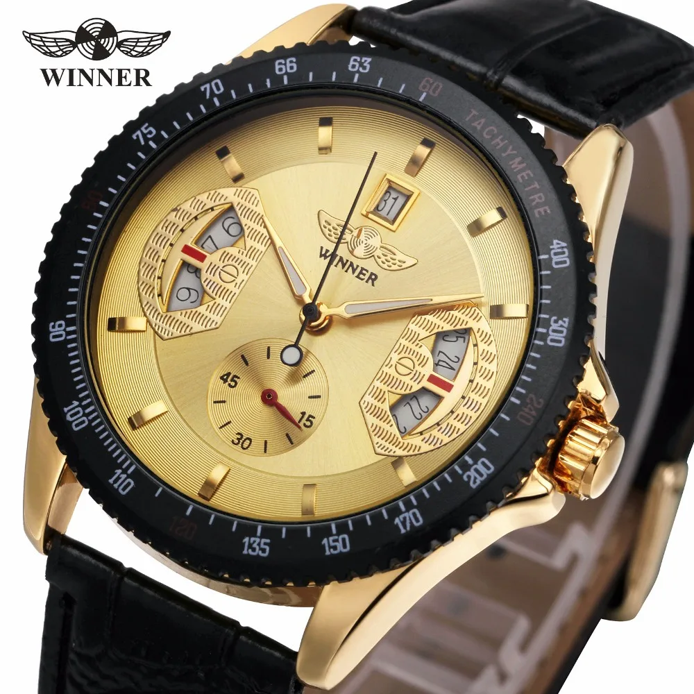 

2019 Fashion Winner Top Brand Man Auto Mechanical Clock Casual Leather Strap Sub Dial Date Display Tachometer Luxury Wrist Watch