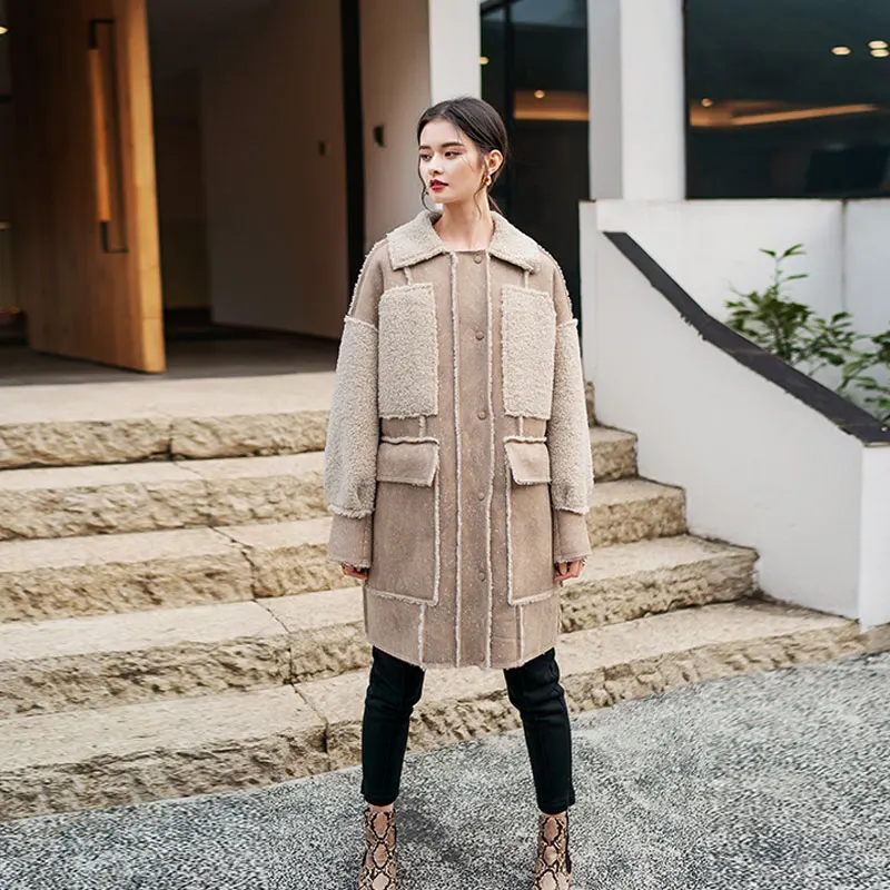 Большие размеры пальто с мехом ягненка Женская Длинная зимняя куртка 2019