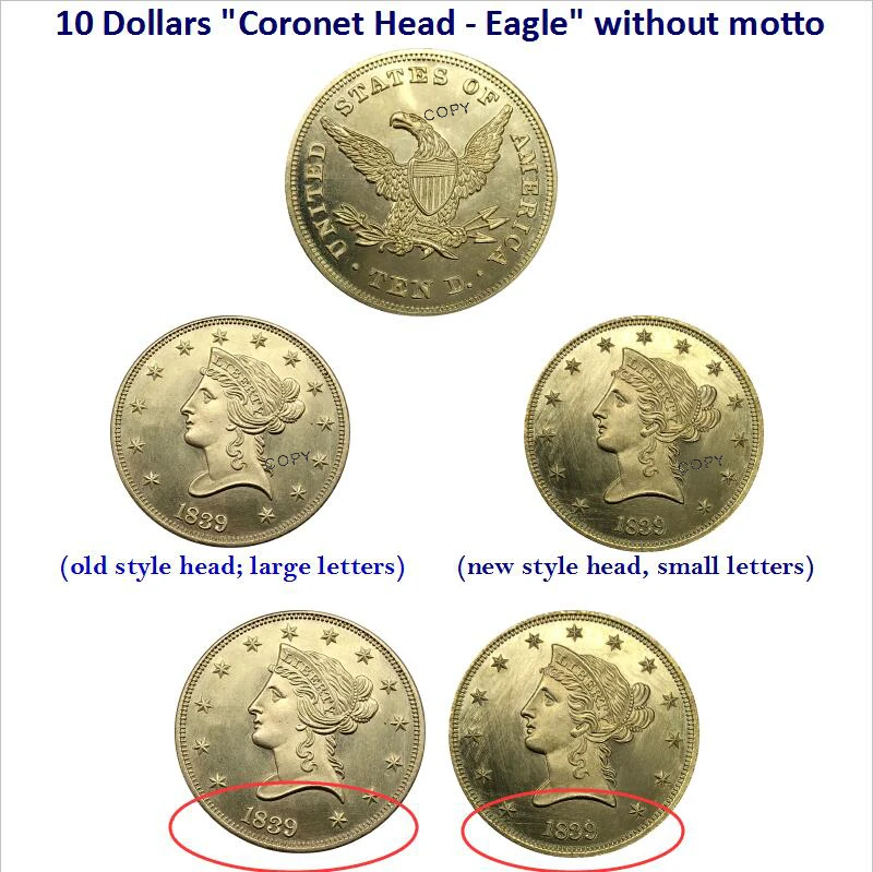 United States Of America 1839 Liberty 10 Dollars "Coronet Head - Eagle" without motto Brass gold Coin Copy coins
United States Of America 1839 Liberty 10 Dollars "Coronet Head - Eagle" without motto Brass gold Coin Copy coins
