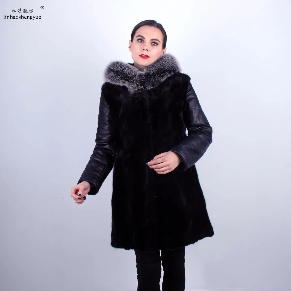 Linhaoshengyue Mink Fur Women Coat with Hood Leather Sleeves Fox Frosting Collar
Linhaoshengyue Mink Fur Women Coat with Hood Leather Sleeves Fox Frosting Collar