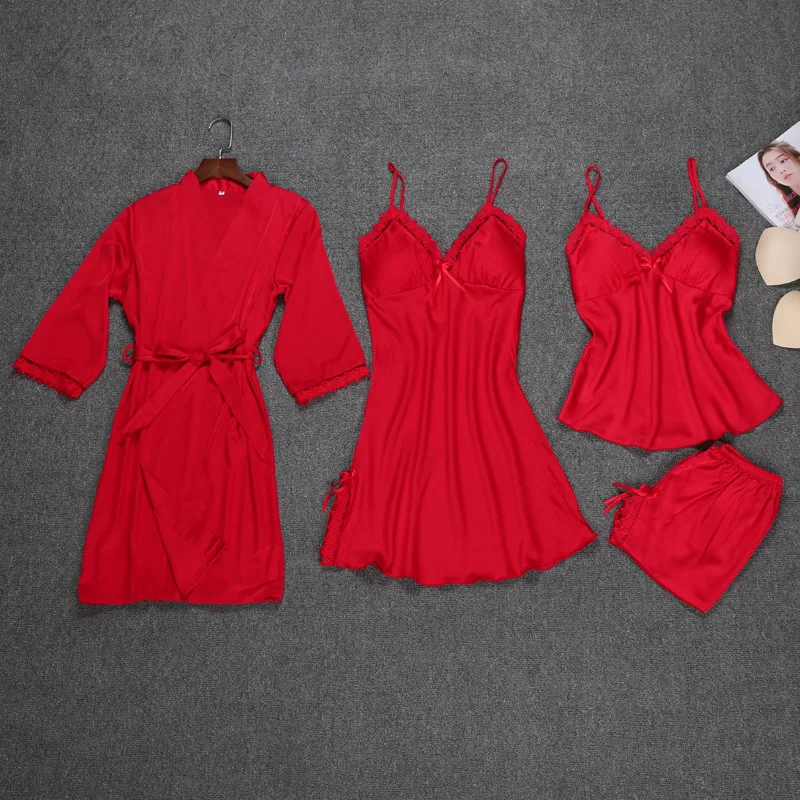 Spring Sexy Red Robe Kimono Sleepwear Sets Womens 4pc Strap Top Pants Suit Casual Home Wear Pajamas Nightwear Bath Gown M-2XL
Spring Sexy Red Robe Kimono Sleepwear Sets Womens 4pc Strap Top Pants Suit Casual Home Wear Pajamas Nightwear Bath Gown M-2XL