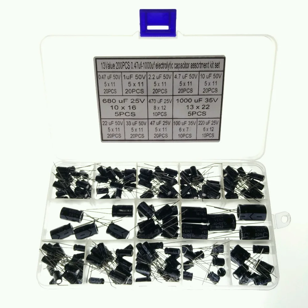 13 Values 200pcs ( 0.47uF~1000uF ) 1uF 2.2uF 4.7uF 10uF 22uF 33uF 50V 47uF 220uF 470uF 25V Electrolytic Capacitors Assorted Kit
13 Values 200pcs ( 0.47uF~1000uF ) 1uF 2.2uF 4.7uF 10uF 22uF 33uF 50V 47uF 220uF 470uF 25V Electrolytic Capacitors Assorted Kit
