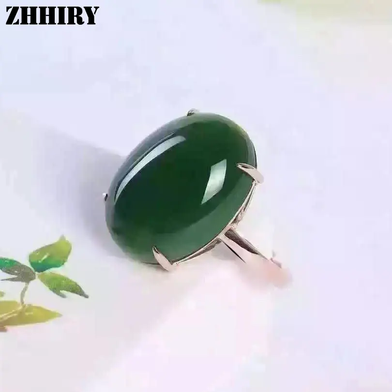 

ZHHIRY Women Natural Green Jasper Ring Real 925 Sterling Silver Big Gemstone Rings Lady Fine Jewelry