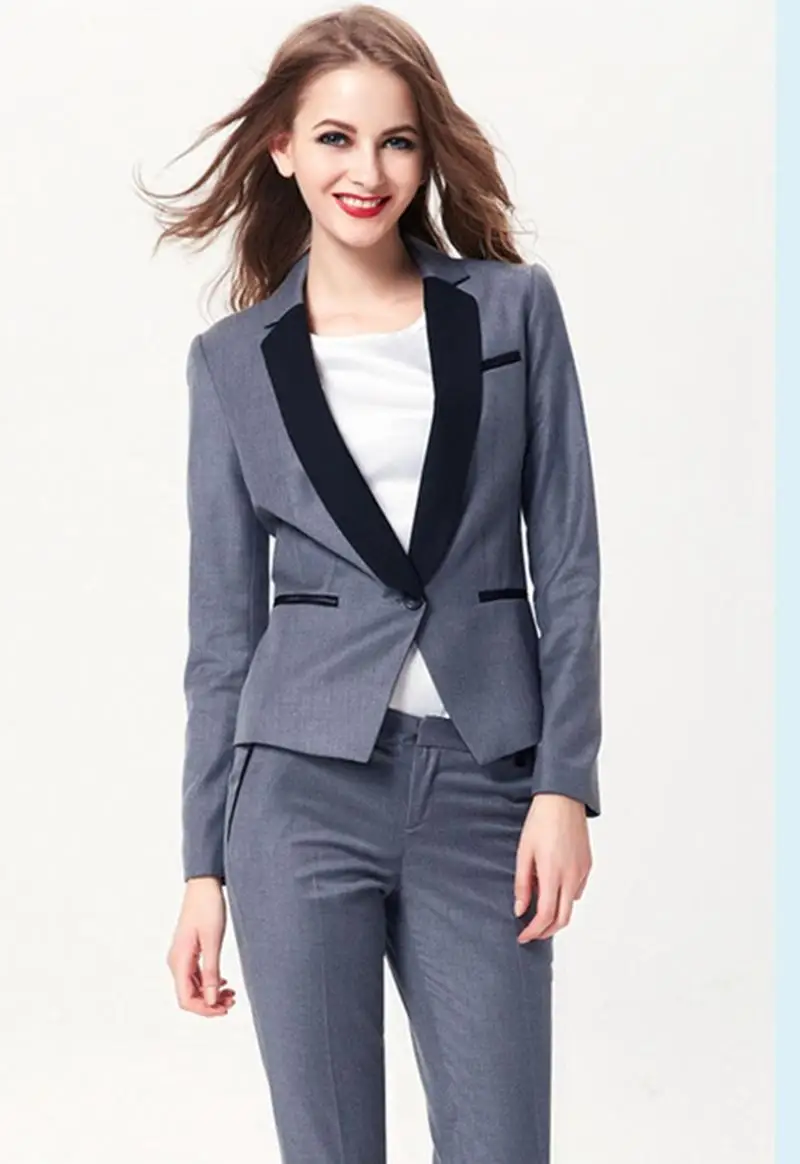 New Arrival Light Gray Women Pant Suits Black Lapel Business Uniform Long Sleeve Ladies Party Suit B327
New Arrival Light Gray Women Pant Suits Black Lapel Business Uniform Long Sleeve Ladies Party Suit B327