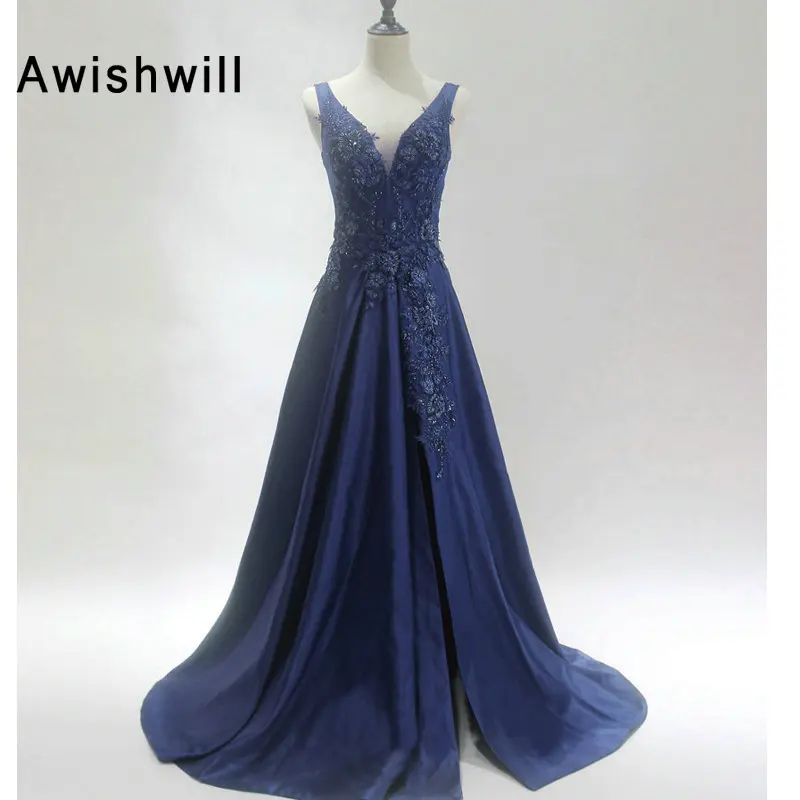 Modest Long Evening Dress V-neck Beaded Appliques Satin Formal Gown With High Slit Sleeveless Party Dress Vestidos De Fiesta
Modest Long Evening Dress V-neck Beaded Appliques Satin Formal Gown With High Slit Sleeveless Party Dress Vestidos De Fiesta