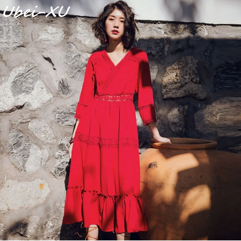 Ubei V-neck High waist lace beach dress summer new seaside plus size XL resort dress slim red long cotton dress fashion
Ubei V-neck High waist lace beach dress summer new seaside plus size XL resort dress slim red long cotton dress fashion