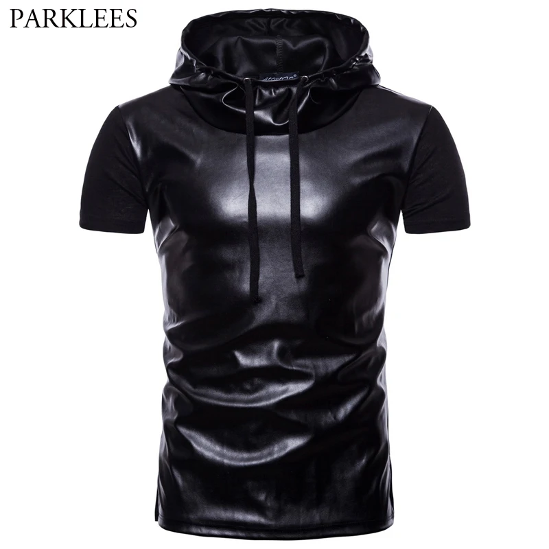 Mens Nightclub Black Hoodie Tshirt Short Sleeve Patchwork Pu Leather Pullover T Shirt Men Hip Hop Hipster Streetwear Tops Tee
Mens Nightclub Black Hoodie Tshirt Short Sleeve Patchwork Pu Leather Pullover T Shirt Men Hip Hop Hipster Streetwear Tops Tee
