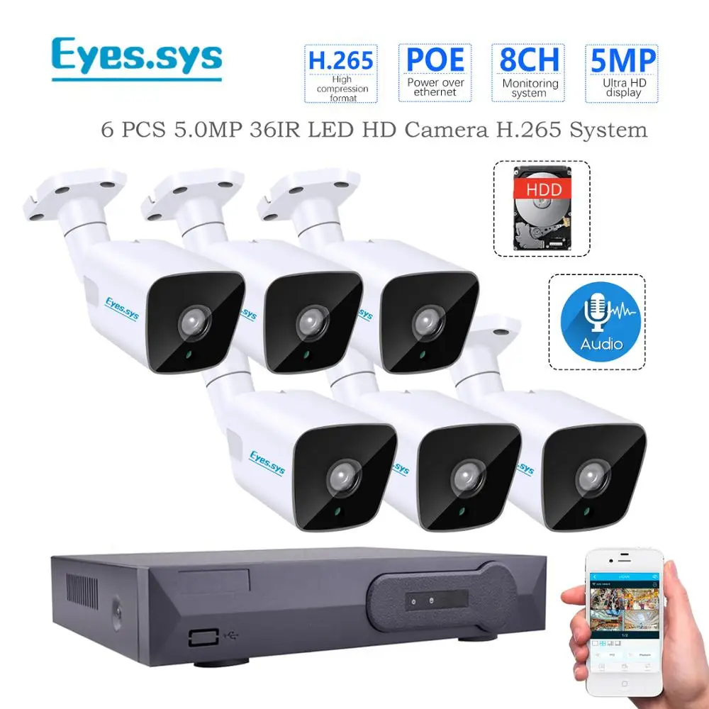 Eyessys H.265 6 шт. 5MP 2560x1920P IR Открытый IP ночного видения AUDID камера камеры