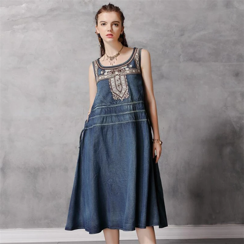 Women Summer Sleeveless Vest Cotton Dress Vestido Denim embroidery Femme Vintage Drawstring strap Loose Dresses Party Sundress
Women Summer Sleeveless Vest Cotton Dress Vestido Denim embroidery Femme Vintage Drawstring strap Loose Dresses Party Sundress