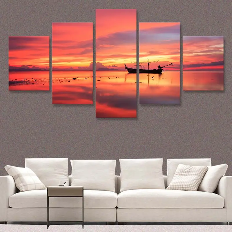 Horizon Sunset Рыбалка лодка Холст Картина 5 панелей настенный постер пейзаж картины