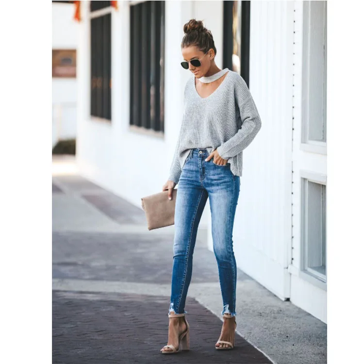 Модные офисные женские джинсы деним тонкие однотонные обтягивающие