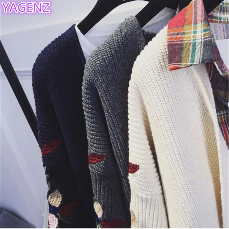 YAGENZ Spring Coat Women Sweater 2018 New Fashion Embroidery knit Cardigan Lady Long Jacket Loose V-collar Warm Coats 91 |