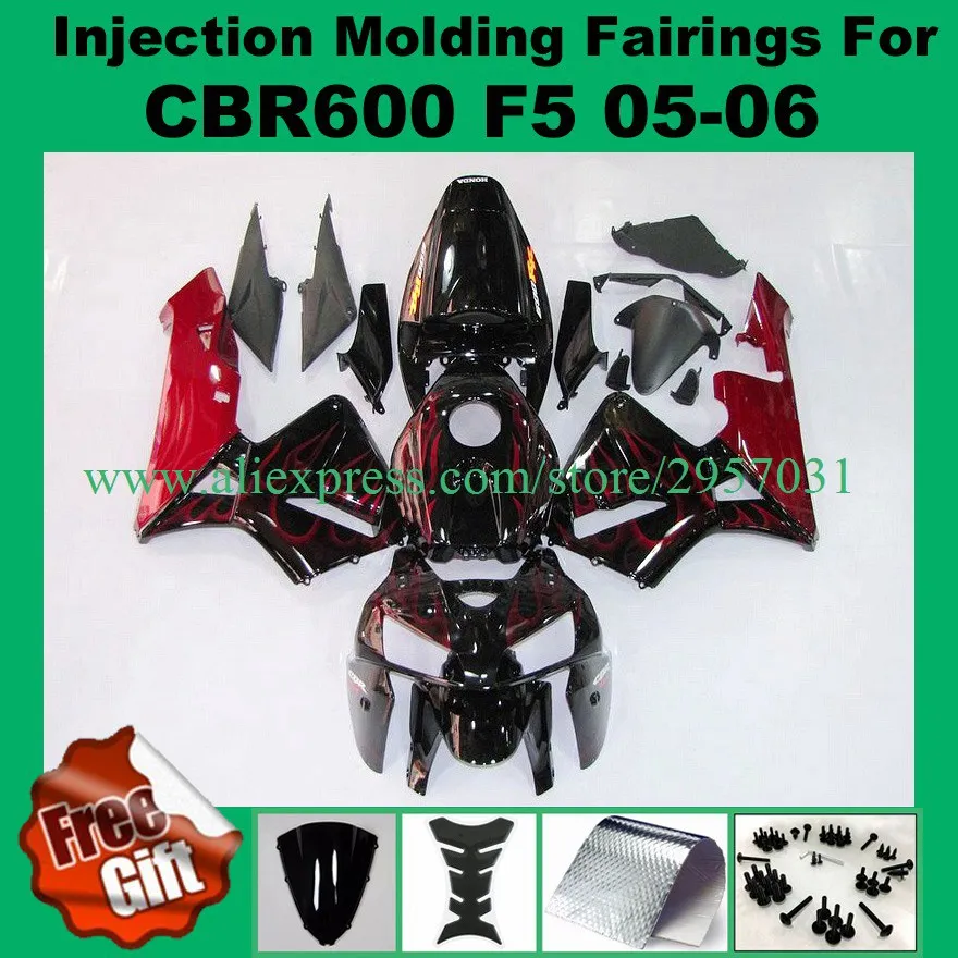 Free screws+gifts Injection mold Fairing kit for HONDA CBR600RR F5 05 06 2005 2006 CBR600 Black Flames Red Fairings set 
Free screws+gifts Injection mold Fairing kit for HONDA CBR600RR F5 05 06 2005 2006 CBR600 Black Flames Red Fairings set