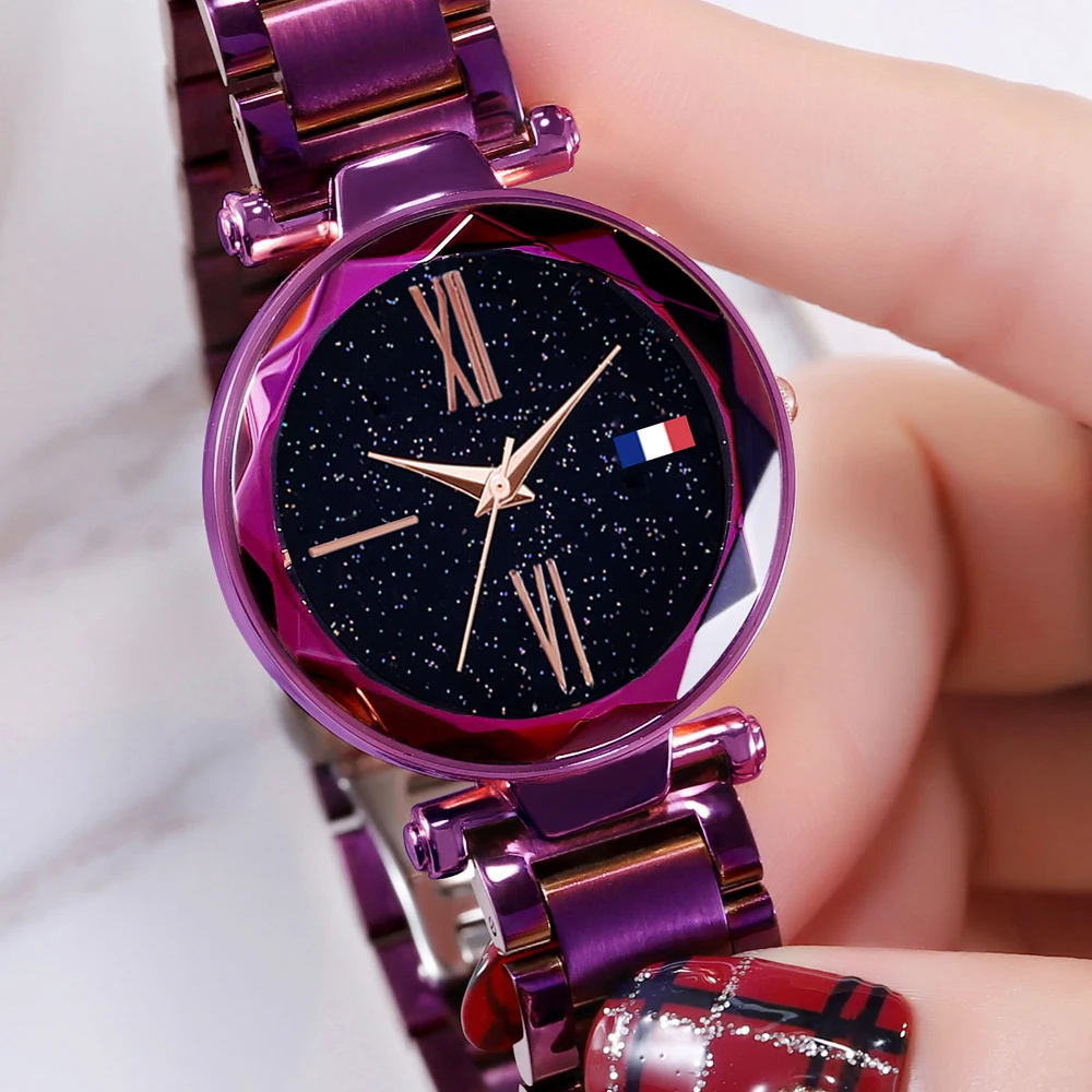 Часы женские из нержавеющей стали кварцевые яркие фиолетовые с магнитной сеткой