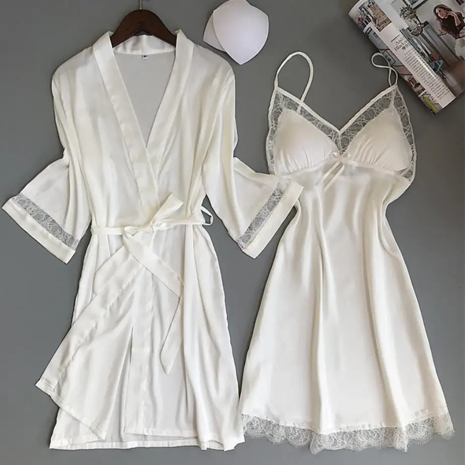 Solid Lace Home Wear Women Nightgown Sets Nightdress Bathrobe With Chest Pad Female sexy lingerie Satin Sleepwear Robes Suit 912
Solid Lace Home Wear Women Nightgown Sets Nightdress Bathrobe With Chest Pad Female sexy lingerie Satin Sleepwear Robes Suit 912