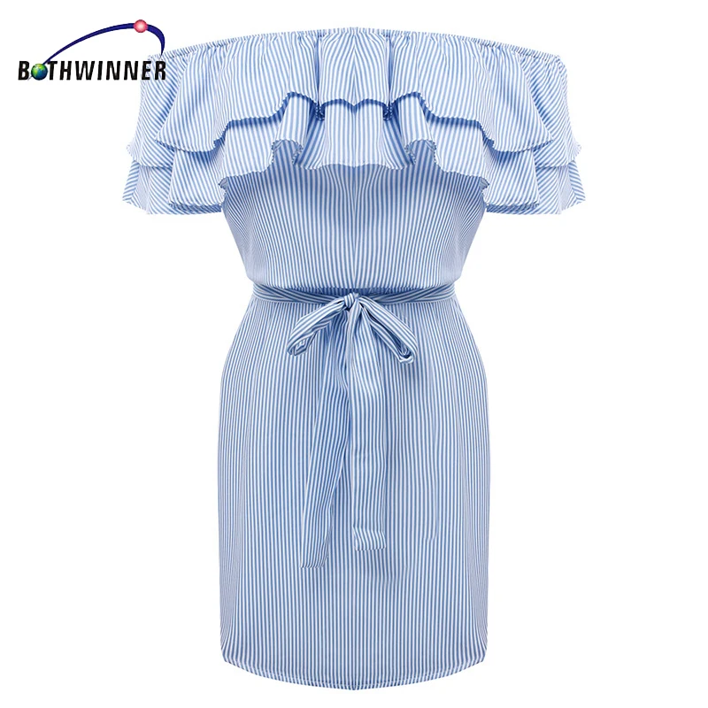 Bothwinner Off the Shoulder Ruffled Mini Dress Casual Fashion Women Loose Design White Blue Striped Dresses
Bothwinner Off the Shoulder Ruffled Mini Dress Casual Fashion Women Loose Design White Blue Striped Dresses