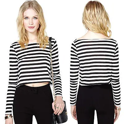 Black & White Striped Long Sleeve Round Neck Short Section shirt Tops Women|shirt gold|top brand t'shirttop button |