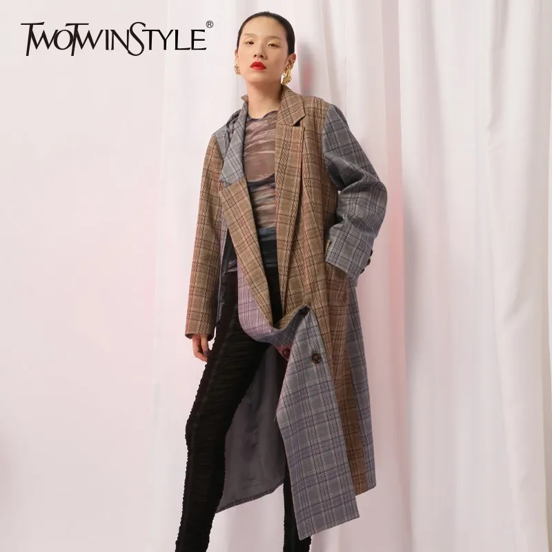 TWOTWINSTYLE Асимметричный плед для женщин Блейзер Пальто оверсайз с длинным рукавом