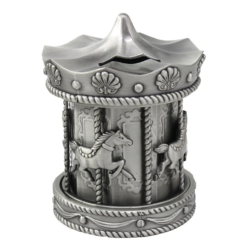 Elegant Carousel Design Antique Pewter Metal Alloy Coin Money Saving Bank Box
Elegant Carousel Design Antique Pewter Metal Alloy Coin Money Saving Bank Box