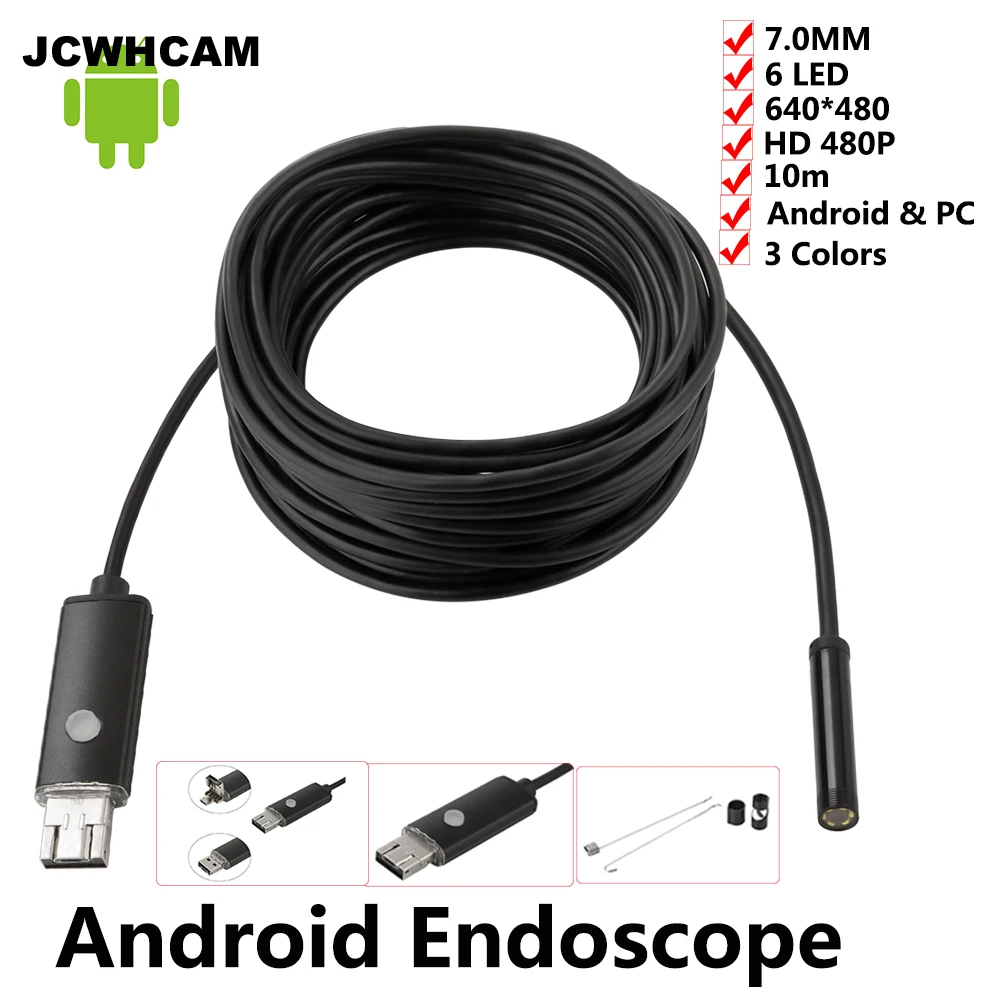 

JCWHCAM Black 7MM USB Endoscope Camera HD 2In1 Android Camera 10m Pipehole USB Endoskop Inspection Borescope OTG Phone Camera