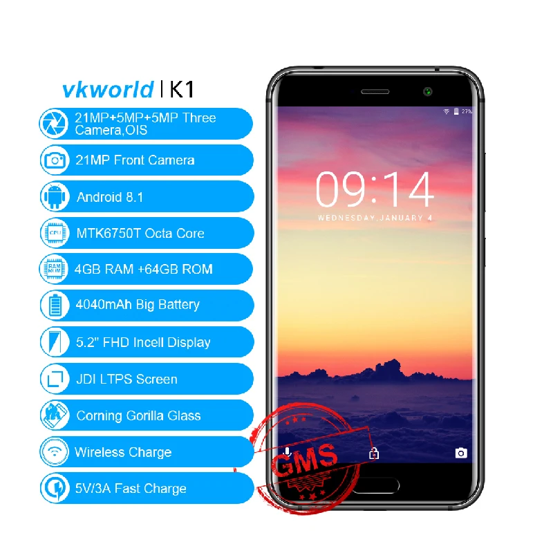 Global Vkworld K1 Dual SIM FDD 4040mAh Android 8.1 MTK6750T Octa Core 4GB+64GB 3 Back Camera 5.2 inch OTA Fingerprint Smartphone | Мобильные
