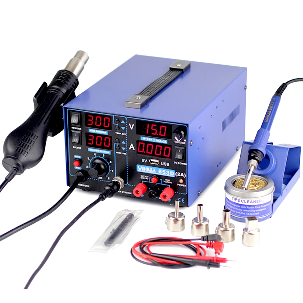YIHUA 853D soldering station 2A 15V USB BGA SMD DC Power Supply Hot Air Gun Soldering Iron Rework Solder Station High power 220V
YIHUA 853D soldering station 2A 15V USB BGA SMD DC Power Supply Hot Air Gun Soldering Iron Rework Solder Station High power 220V