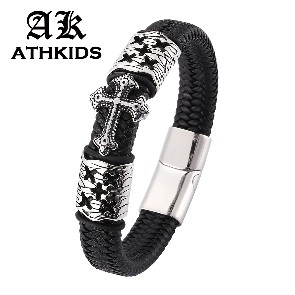 Punk Men Jewelry Black Leather Bracelet Cross Charms Stainless Steel Magnetic Clasp Fashion Bangles Male Wrist Band Gifts PD0080
Punk Men Jewelry Black Leather Bracelet Cross Charms Stainless Steel Magnetic Clasp Fashion Bangles Male Wrist Band Gifts PD0080