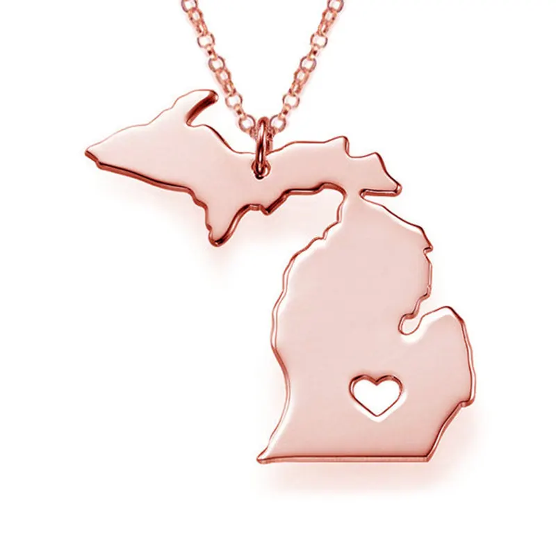 New Fashion USA State Map Pendant Necklace Michigan Love Heart Charm Stainless Steel Link Chain Women Wonderful Jewelry | Украшения и