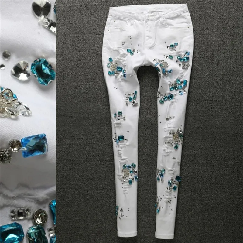 SIZE 25-31 Luxury Beading Diamond Ripped Jeans Femme Pants Stretch White Jeans Female Hole Jeans Woman Thin Denim Pencil Pants
SIZE 25-31 Luxury Beading Diamond Ripped Jeans Femme Pants Stretch White Jeans Female Hole Jeans Woman Thin Denim Pencil Pants
