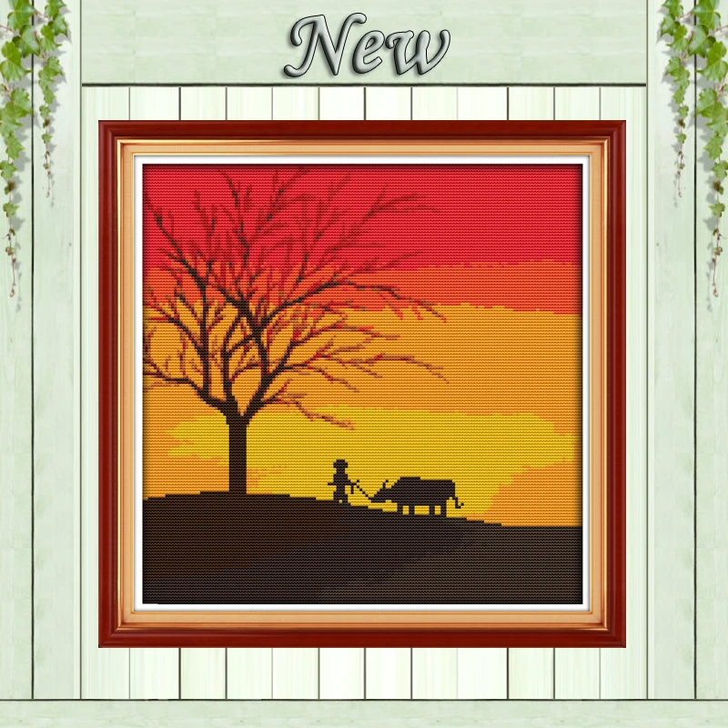 

Sunset Scenery boy and cattle home wall Decor Needlework Sets embroidery Counted Print on canvas DMC 11CT 14CT Cross Stitch kits