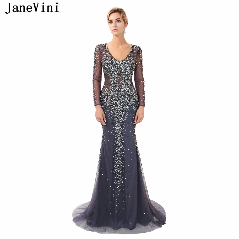 JaneVini 2018 Luxury Beading Long Sleeves Tulle Bridesmaid Dresses Scoop Neck Sweep Train Sexy Illusion Back Mermaid Prom Gowns
JaneVini 2018 Luxury Beading Long Sleeves Tulle Bridesmaid Dresses Scoop Neck Sweep Train Sexy Illusion Back Mermaid Prom Gowns
