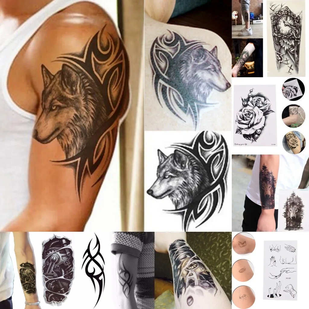 8 Styles Waterproof Temporary Tattoo Sticker Black Wolf Head Totem Big Clock Forest Wolf Mechanical Arm Body Art Transfer Tattoo
8 Styles Waterproof Temporary Tattoo Sticker Black Wolf Head Totem Big Clock Forest Wolf Mechanical Arm Body Art Transfer Tattoo
