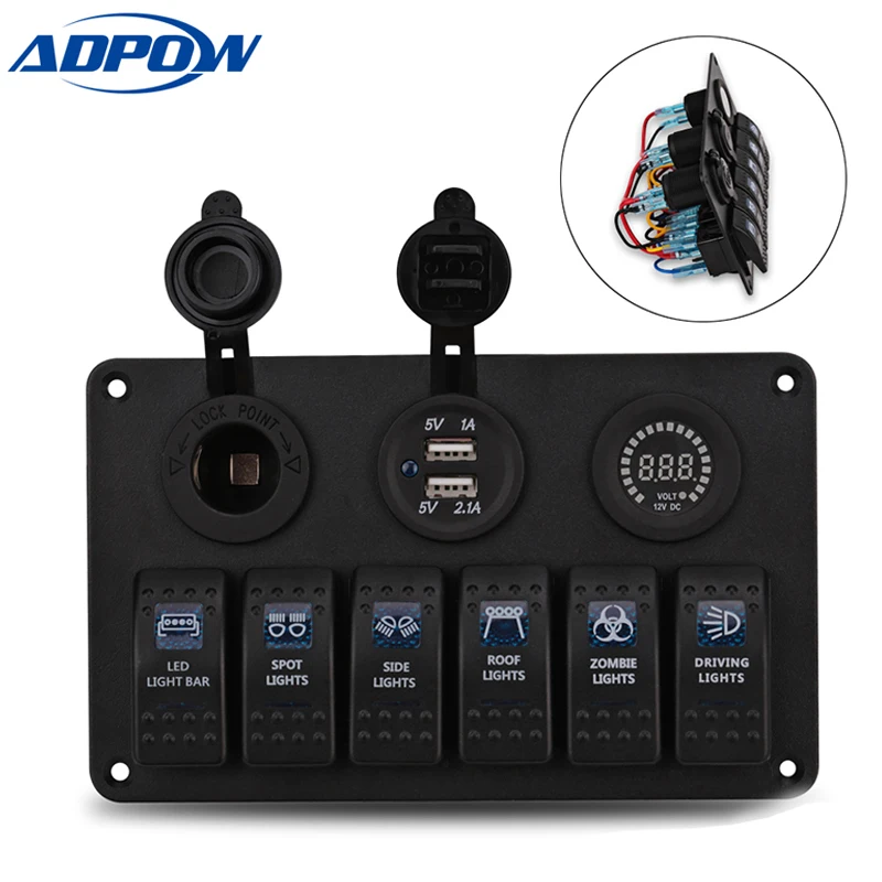 ADPOW 6 Gang Switch Panel Dual Usb Car Charger 12V Voltmeter Auto Boat Marine Cigarette Lighter Led Rocker Switch Panel
ADPOW 6 Gang Switch Panel Dual Usb Car Charger 12V Voltmeter Auto Boat Marine Cigarette Lighter Led Rocker Switch Panel