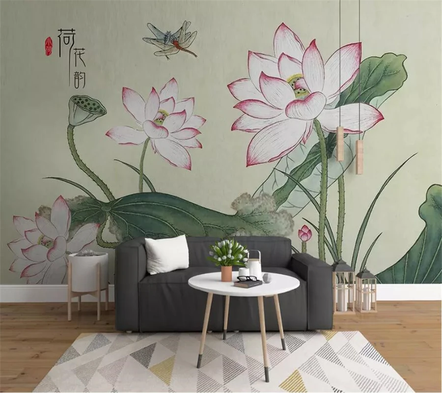 

beibehang Custom wallpaper 3D mural modern minimalist small fresh hand-painted lotus flower TV background wall papers home decor
