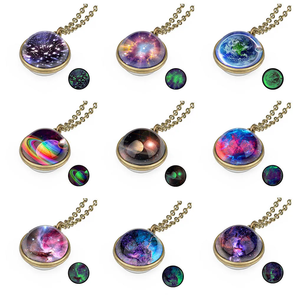 18mm Night Glow Double-sided Glass Sphere Pendant Nebula Galaxy Solar System Link Chain Necklace Universe Planet Jewelry Gift | Украшения и