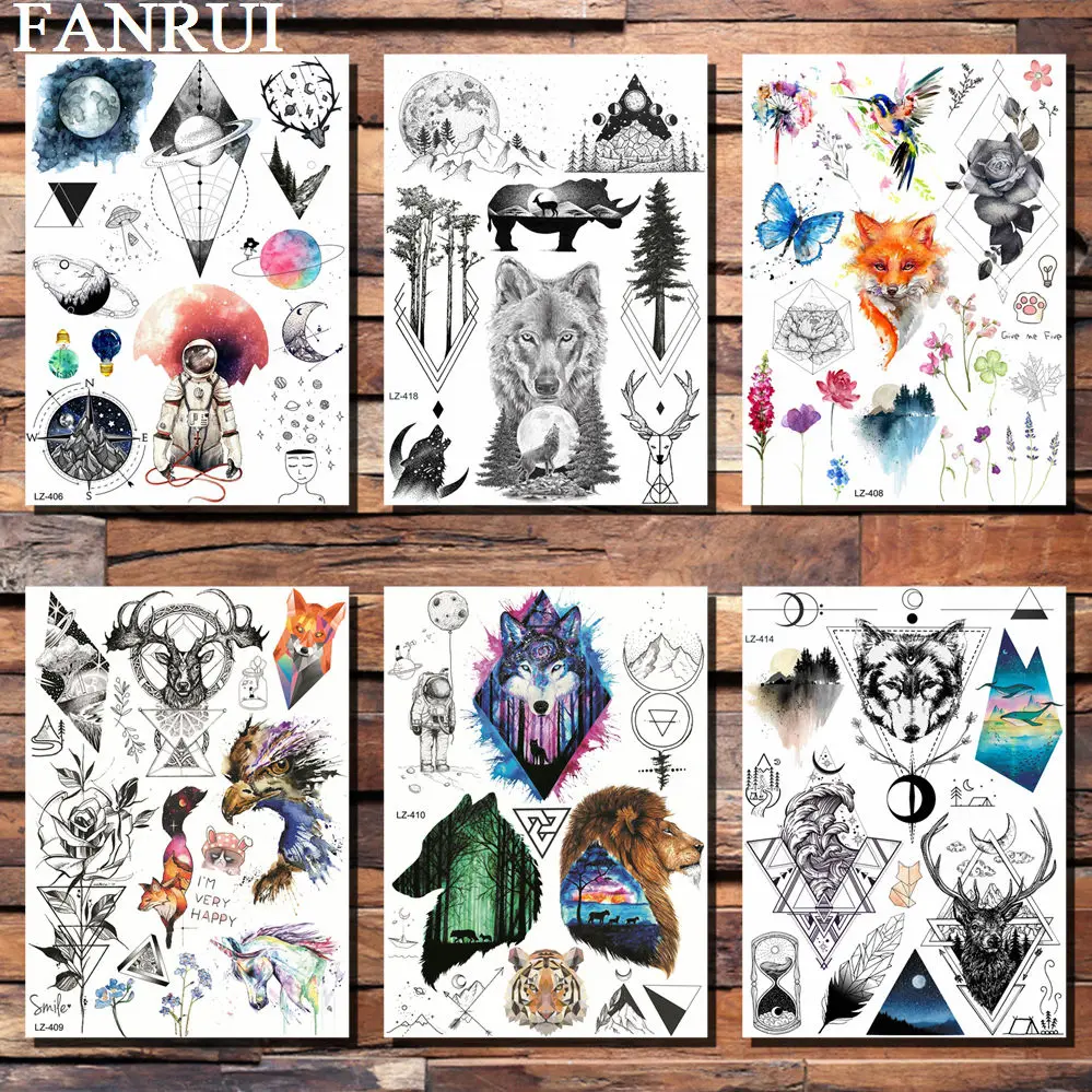 FANRUI Flash Lion Fox Wolf Temporary Tattoos For Men Women Pine Tree Tatoo Papers Waterproof Body Art Moon Earth Tattoo Stickers
FANRUI Flash Lion Fox Wolf Temporary Tattoos For Men Women Pine Tree Tatoo Papers Waterproof Body Art Moon Earth Tattoo Stickers