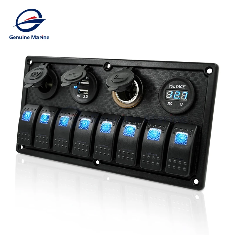 Universal 8 Gang Waterproof Marine Blue Led Switch Panel With Power Socket Voltmeter Cigarette Lighter Socket Dual USB Charging
Universal 8 Gang Waterproof Marine Blue Led Switch Panel With Power Socket Voltmeter Cigarette Lighter Socket Dual USB Charging