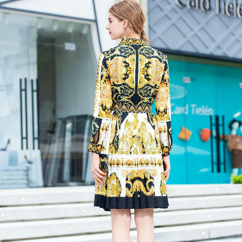 High quality 2018 autumn and winter new lace-up waist lapel shirt sleeve dress retro abstract pattern print pleated dress tide
High quality 2018 autumn and winter new lace-up waist lapel shirt sleeve dress retro abstract pattern print pleated dress tide