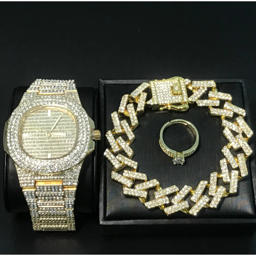Hip Hop Bracelets Ice Out Crystal Miami Cuban Chain Gold Silver Color Luxury Men Watch +Bracelet +rings Rock Adjustable Ring
Hip Hop Bracelets Ice Out Crystal Miami Cuban Chain Gold Silver Color Luxury Men Watch +Bracelet +rings Rock Adjustable Ring