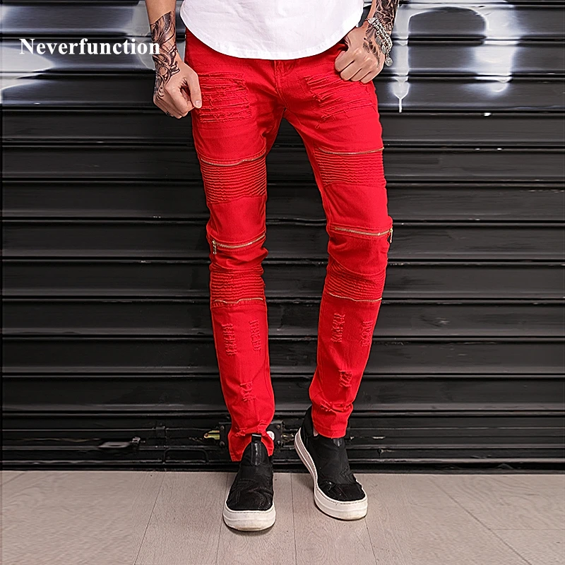 New Slim Knee holes pleated Multiple zipper Ripped Men biker Jeans hop hip motorcycle Destruction RED white Denim pants
New Slim Knee holes pleated Multiple zipper Ripped Men biker Jeans hop hip motorcycle Destruction RED white Denim pants