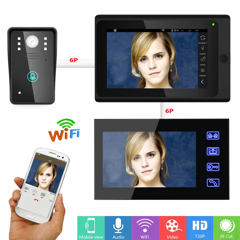 7 "2 монитора проводной/беспроводной Wifi видео дверной звонок Домофон с IR CUT HD 1000TVL