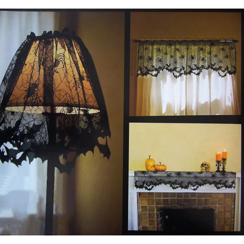 Black Lace Spiderweb Halloween Decorations Table Runner Light Cover Tablecloth Bat Curtain Home Decor Fireplace Mantle Scarf | Дом и сад