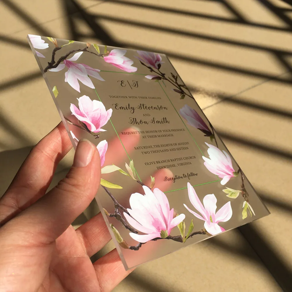 Beautiful Peach Blossom Water Color Style 128*165mm Frosted Acrylic Wedding Invitation Cards 100 Pieces Per Lot
Beautiful Peach Blossom Water Color Style 128*165mm Frosted Acrylic Wedding Invitation Cards 100 Pieces Per Lot