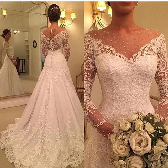 Vestidos de novia Elegant Long Sleeves Vestido de noiva Custom Made Sheer Lace A Line Wedding Dress 2018 Robe de mariee
Vestidos de novia Elegant Long Sleeves Vestido de noiva Custom Made Sheer Lace A Line Wedding Dress 2018 Robe de mariee