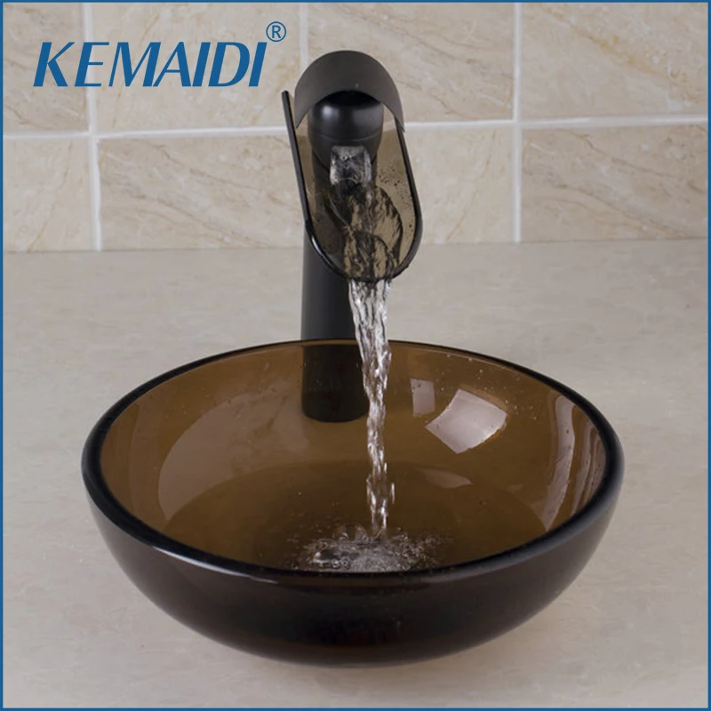 

KEMAIDI New Hand Paint Bowl Sinks Vessel Basins Tempered Glass Sink With Waterfall Faucet Taps,Water Drain Bathroom Sink Set