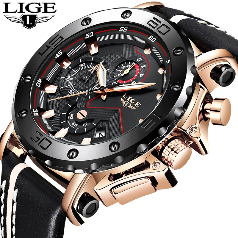 Часы наручные LIGE Мужские кварцевые брендовые Роскошные модные спортивные